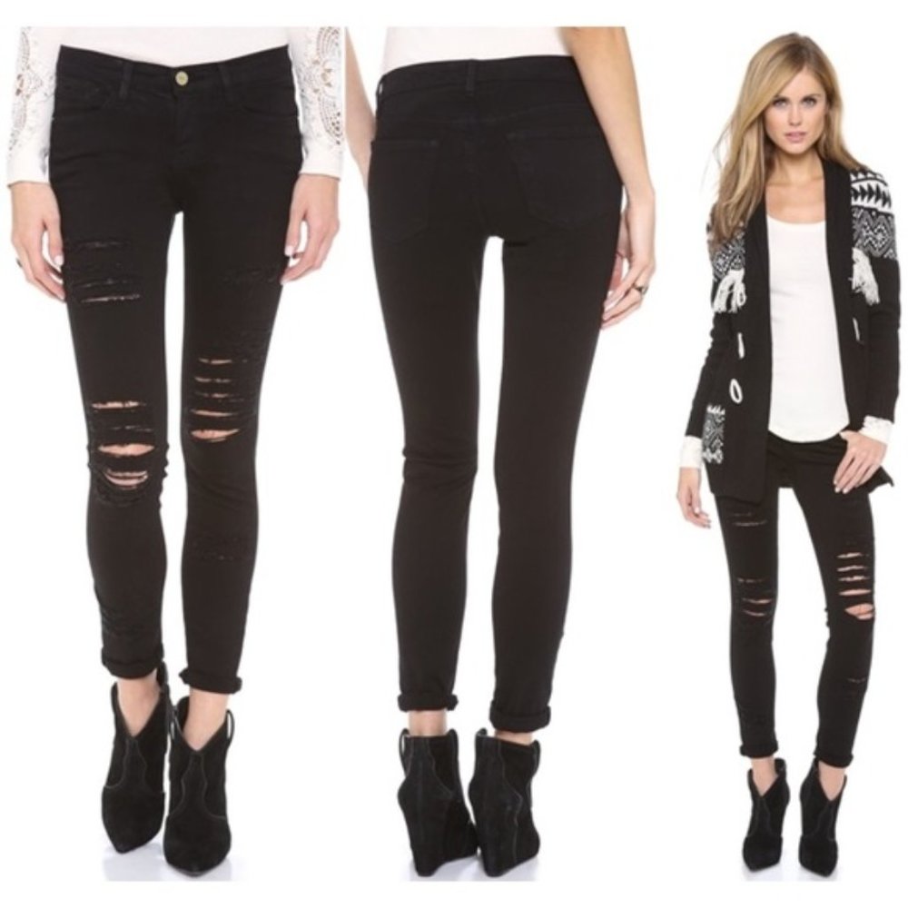 FRAME Le Color Rip Skinny Jeans / Black / Size 25